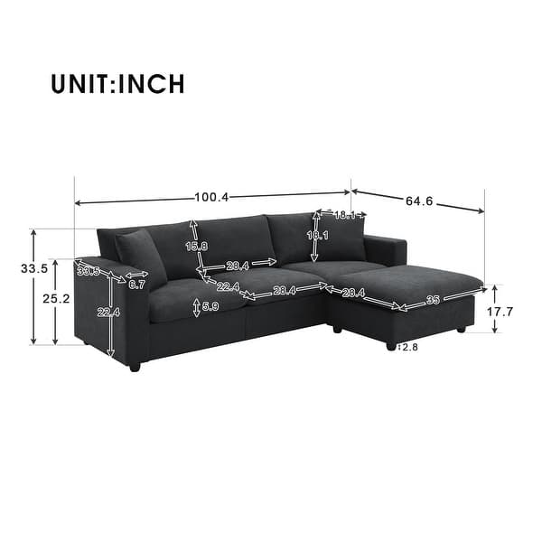 100.4" Lshaped Sectional Sofa Set with Ottoman and 2 Pillows, Black